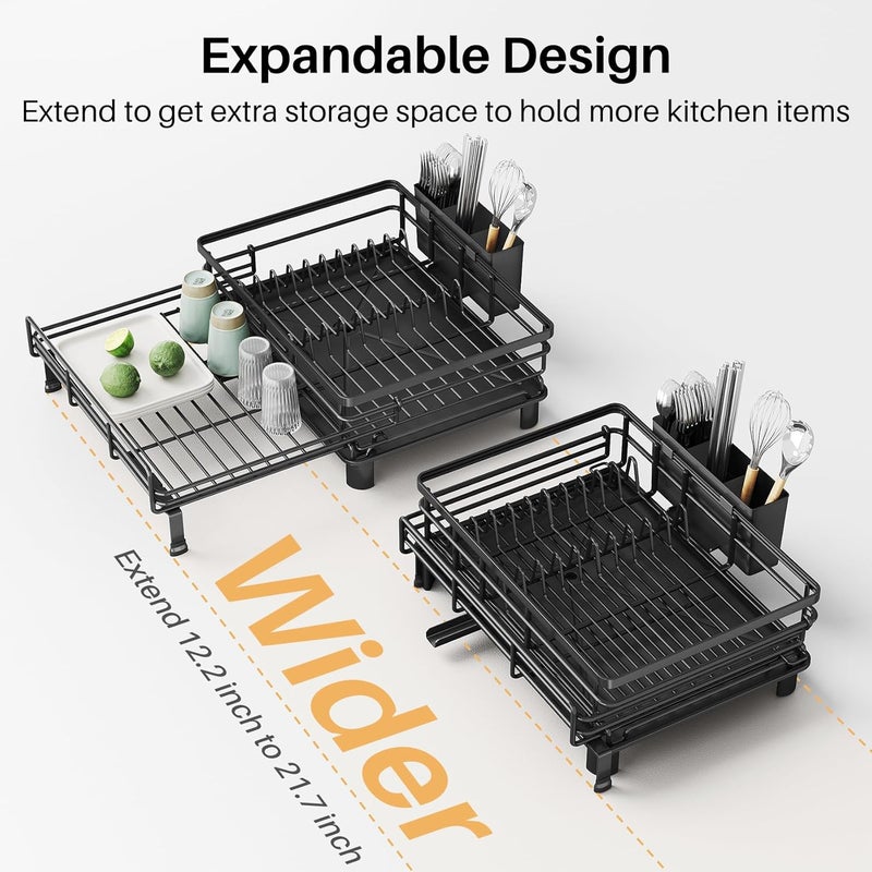 SNTD Dish Drying Rack - Extendable Dish Rack, Large Sink Drying Dish Drainer for Kitchen Counter, Stainless Steel Dish Strainer with Utensil Holder (Black) - Image 4